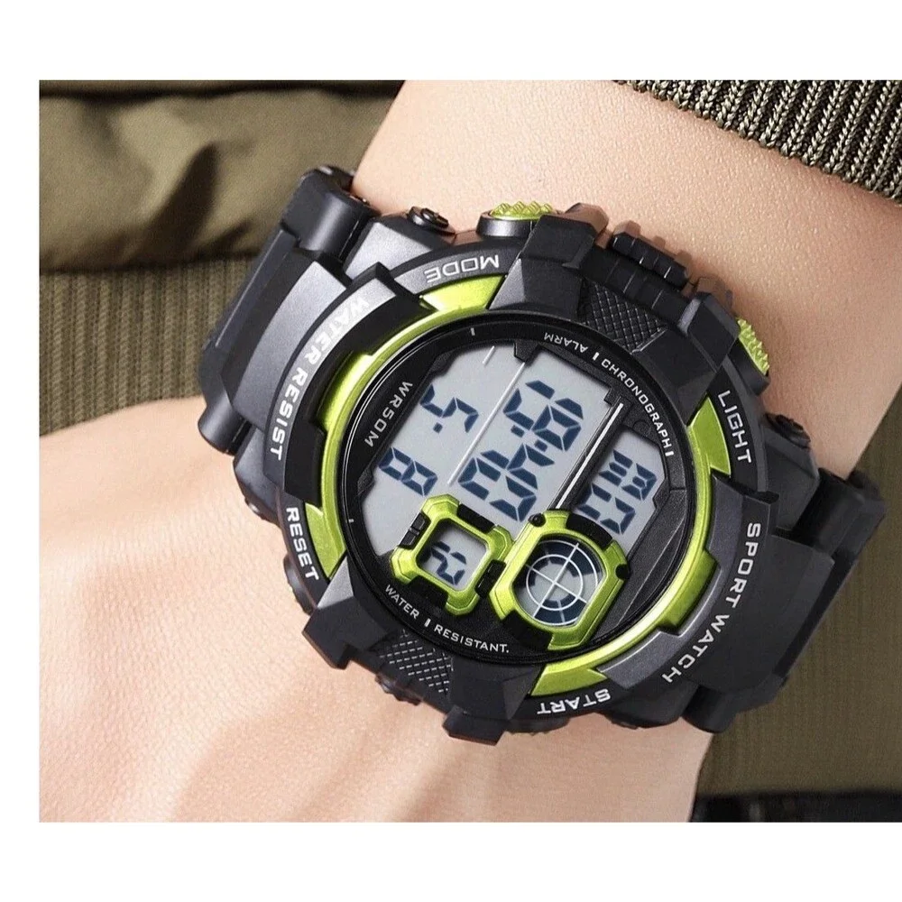 George Men's Digital Sport Watch Black &Neon Yellow-WR 50M-Alarm & Stopwatch-NIB